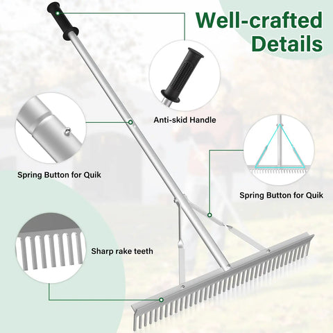 Aluminum Landscape Rake 36 Inch Head 67 Inch Handle Ideal For Lawn Care And Soil Loosening Leaves Weeds Garden Pond Beach Cleanup Outdoor Raking Tool Go To Heavy Duty Long Reach Rake For Yard And Garden showing well-crafted details, anti-skid handle, spring button, and sharp rake teeth.