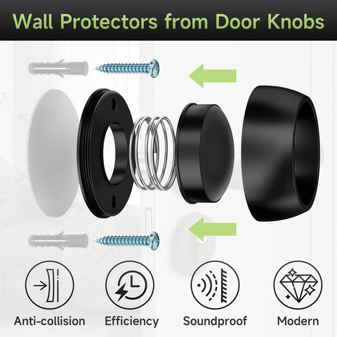 Exploded view of Heavy Duty Aluminum Door Stopper With Soft Silicone Head And Spring Shock Absorption Real Deal Wall Protector Rustproof Anti Scuff Door Holder In Sleek Black components.