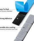 Close-up of Pinewood Derby Car Weights Kit With 4 Ounce Total Weight Lead Free Derby Weights and adhesive strip.