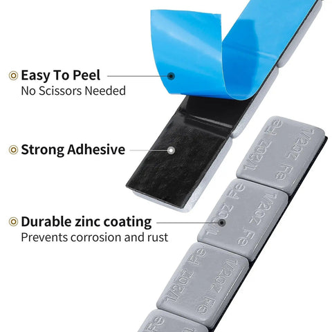 Close-up of Pinewood Derby Car Weights Kit With 4 Ounce Total Weight Lead Free Derby Weights and adhesive strip.
