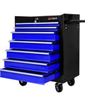 Seven Drawer Rolling Tool Chest On Wheels With Locking Casters And Tubular Handle, Built Tough Tool Cart For Your Garage, Shop Or Warehouse, Massive 7 Drawer Storage In Black And Blue. Front view of black and blue steel tool chest with 7 drawers and casters.