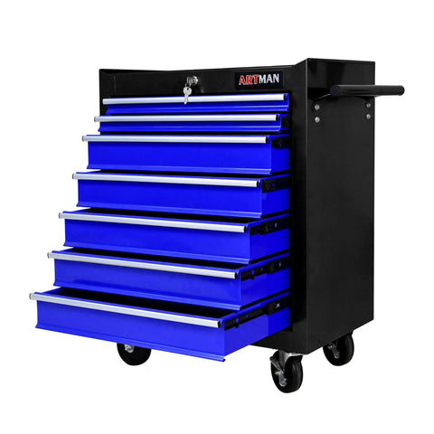 Seven Drawer Rolling Tool Chest On Wheels With Locking Casters And Tubular Handle, Built Tough Tool Cart For Your Garage, Shop Or Warehouse, Massive 7 Drawer Storage In Black And Blue. Front view of black and blue steel tool chest with 7 drawers and casters.