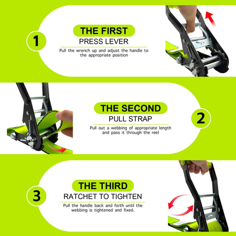 Beefy Heavy Duty Ratchet Straps With Forged J Hooks 2 Inch By 27 Foot Tie Down Straps 10000 Pound Break Strength 3333 Pound Working Load 4 Pack Neon Green Polyester Webbing usage instructions