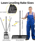 Heavy Duty Lawn Leveling Rake With Stainless Steel Build, 68 Inch Adjustable Handle, 34 By 9.4 Inch with dimensions illustration