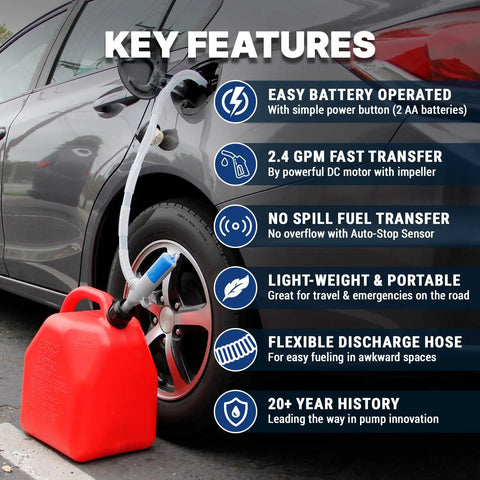 Automatic Portable Battery Operated Fuel Transfer Pump With Auto Stop Sensor and Nozzle Clip in use with red gas can