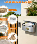 Weatherproof Wall Mount Mailbox Outdoor Heavy Duty Stainless Steel Drop Box Keeps Mail Dry In Rain With Drip Edge Design open, silver, on wall.
