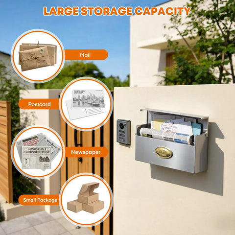 Weatherproof Wall Mount Mailbox Outdoor Heavy Duty Stainless Steel Drop Box Keeps Mail Dry In Rain With Drip Edge Design open, silver, on wall.