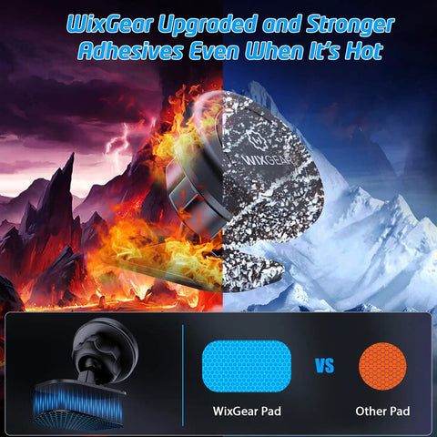 Comparison of WixGear magnetic car mount adhesive strength in hot and cold conditions with mountain and fire background.