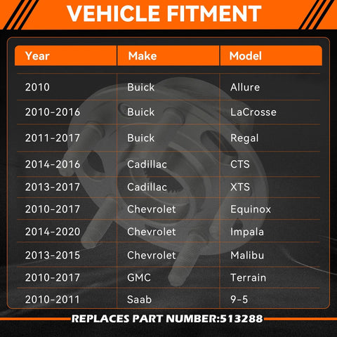 Front And Rear Wheel Hub Bearing Assembly With ABS 5 Lug Direct Fit For Chevy Equinox Impala Malibu appears with vehicle fitment chart.