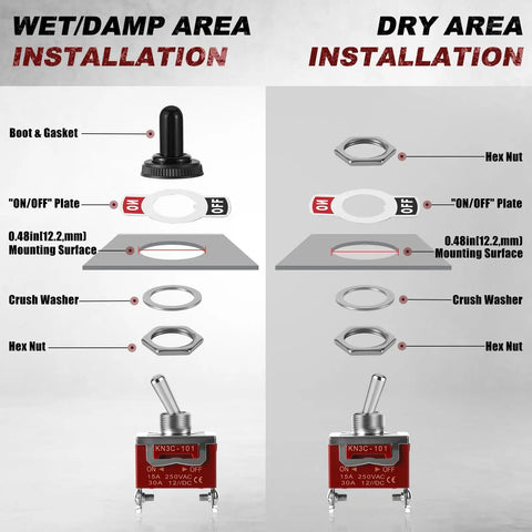 4 Pack SPST Toggle Switches On Off 12V DC 30A Heavy Duty Waterproof With Boot Cap Cover installation guide, wet and dry areas