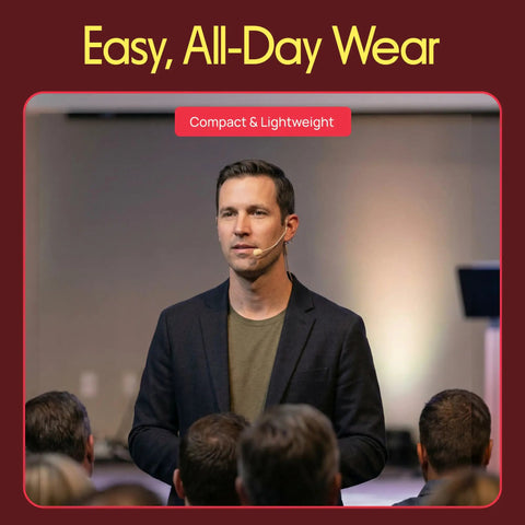 Man using Omnidirectional On Ear Condenser Microphone For Voiceover And Speech With Wired Headset in a presentation setting.