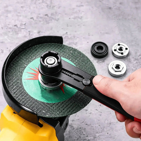 Heavy Duty Multi Function Angle Grinder Wrench And Flange Nut Adjuster For Quick Disc Swaps Sander Grip Tight Tightening Tool in use.