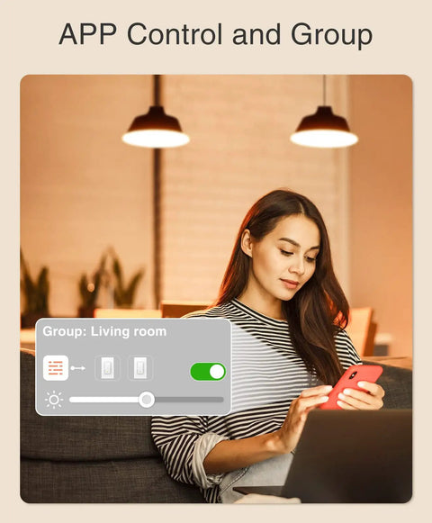 Woman using app control for Smart Dimmer Switch For Dimmable LED Bulbs And Ceiling Fans, Voice Control With Alexa And Google Home.