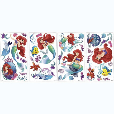 Disney The Little Mermaid Peel And Stick Wall Decals 6 Piece Vinyl Set showing Ariel with Flounder and Sebastian, removable decor