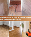 Pro Grade Floor Gap Fixer Tool With Strong Suction Cup And 10 Reusable Sticky Pads For Laminate Vinyl And Hardwood Floors, Easy Pro Repairs In Minutes, Heavy Duty Gap Repair Kit shown with usage examples on various wooden floors