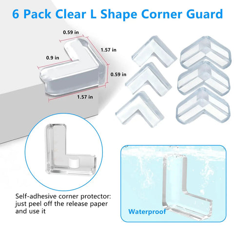 Ultra Clear Baby Proofing Kit With 16 Feet Soft Edge Guards And Six Built Tough Corner Pads showing 6 clear L shape corner guards 1.57" x 0.9".
