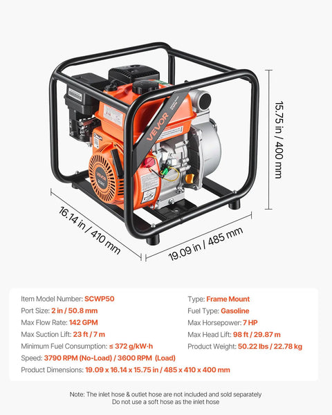 Heavy Duty Gas Powered Water Pump 2 Inch 142 GPM 7HP Portable Semi Trash Pump with frame, close up view of engine details.