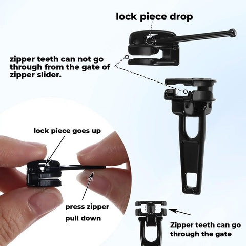 Close-up view of Ultimate 39 Piece Zipper Repair Kit with replacement sliders and teeth being installed for backpacks and luggage.