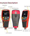 Must-Have Paint Thickness Gauge For Cars With Auto Rotating Display And Ferrous And Non Ferrous Substrate Recognition, 1250 Micron Range And 0.1 Micron Resolution, Zero And Two Point Calibration, Custom High Low Alarms handheld coating gauge front and side views