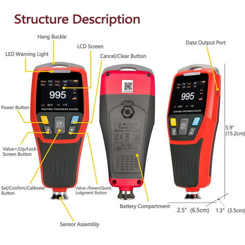Must-Have Paint Thickness Gauge For Cars With Auto Rotating Display And Ferrous And Non Ferrous Substrate Recognition, 1250 Micron Range And 0.1 Micron Resolution, Zero And Two Point Calibration, Custom High Low Alarms handheld coating gauge front and side views