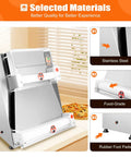 Pro Level Automatic Pizza Dough Press Expanding Four To Sixteen Inches Driven By A Serious 370W Motor showing stainless steel design.