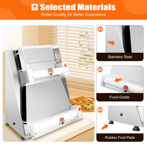 Pro Level Automatic Pizza Dough Press Expanding Four To Sixteen Inches Driven By A Serious 370W Motor showing stainless steel design.
