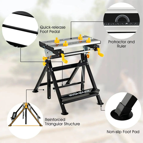 Portable Folding Workbench With Vise And Eight Sliding Clamps Seven Level Height Adjustments Tiltable Extendable Tabletop