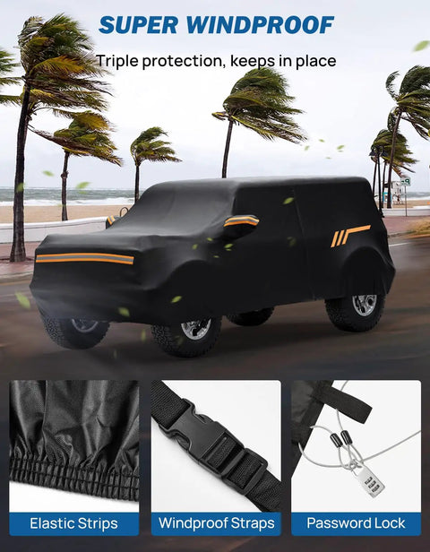Bronco 4 Door Car Cover 2021 2026 Waterproof All Weather Protection With Zipper Entry And Anti Theft Lock, outdoor image