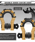 Two Pack Three Quarters Inch Mega D Ring Shackles With Seven Eighths Inch Screw Pin For Heavy Duty Vehicle Recovery And Towing Straps Winch Off Road Gold Finish 68,000 Lbs Break Strength 17,000 Lbs WLL; double-sided gold and black design.