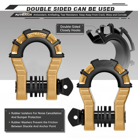 Two Pack Three Quarters Inch Mega D Ring Shackles With Seven Eighths Inch Screw Pin For Heavy Duty Vehicle Recovery And Towing Straps Winch Off Road Gold Finish 68,000 Lbs Break Strength 17,000 Lbs WLL; double-sided gold and black design.