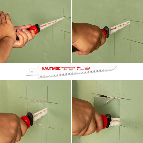 10-In-1 Hand Saw Kit With Quick-Release Blades For Wood Metal Plastic Drywall Pro HSS Cr-V Bi-Metal Blades in use on drywall