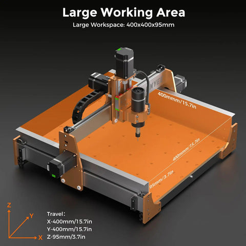 4040 Pro Max CNC Router Machine with 500W spindle showing 400x400mm work area for engraving wood, acrylic, aluminum