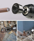 Beefy Tungsten Carbide Chamfering Drill Bit One Half To One And Three Eighths Inch Uniburr Deburring Tool installed on a drill.