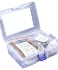 Huge 1500 Piece Electronic Component Kit With Resistors Transistors Ceramic And Electrolytic Capacitors For PCB Projects And DIY Electronics Hobbyists in a clear plastic box.