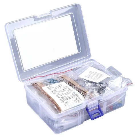 Huge 1500 Piece Electronic Component Kit With Resistors Transistors Ceramic And Electrolytic Capacitors For PCB Projects And DIY Electronics Hobbyists in a clear plastic box.
