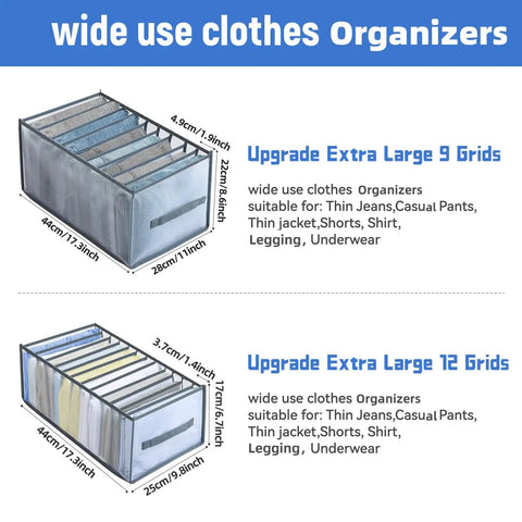 Six Piece Extra Large Closet Organizer And Storage Set For Shirts Jeans Sweaters T Shirts Leggings Undergarments Skirts And More with 9-grid and 12-grid options shown