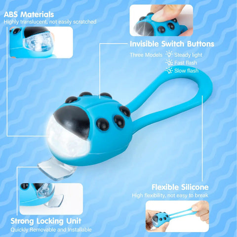 Two Pack Kids Bike Lights For Scooters And Bicycles Waterproof LED Lights With Three Modes Easy Silicone Mount blue detail