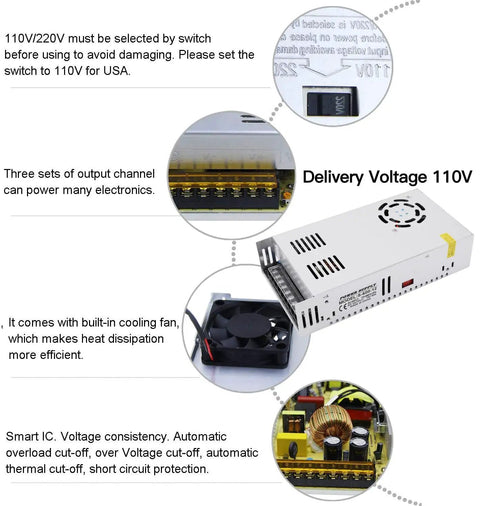 Power Up Your Rig With This 12V DC Power Supply 50A 600W Universal AC To DC Converter SMPS Adjustable Output For LED Strips CCTV Systems 3D Printers Radios And PC Projects 110V Or 220V Input, showing cooling fan and voltage selection switch