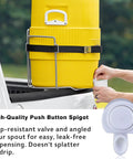 Push Button Cooler Spigot Replacement 3 Pack White For 2 To 10 Gallon Beverage Coolers installed on yellow cooler outdoors