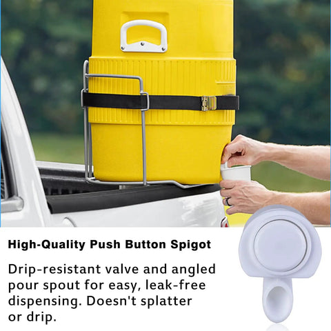 Push Button Cooler Spigot Replacement 3 Pack White For 2 To 10 Gallon Beverage Coolers installed on yellow cooler outdoors
