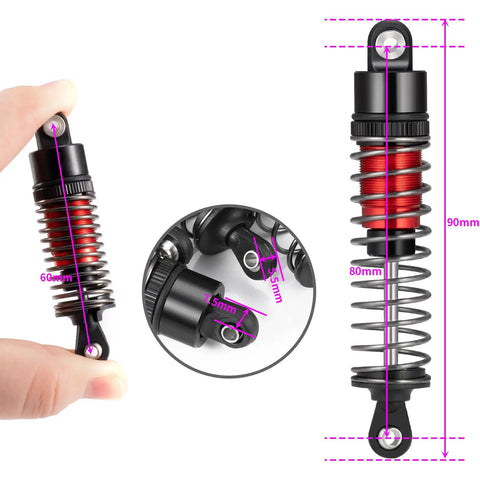 80mm Aluminum Threaded RC Shock Absorbers For 1/10 Scale Crawler Trucks, red anodized, shown with measurements and spring detail.