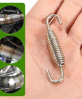 Motorcycle exhaust muffler spring, stainless steel with hooked ends; close-up view