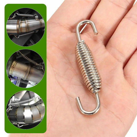Motorcycle exhaust muffler spring, stainless steel with hooked ends; close-up view