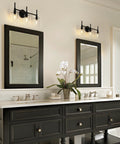 3-Light Gold Vanity Light With Seeded Glass Shades For Bathroom Over Mirror, illuminating a modern bathroom space.