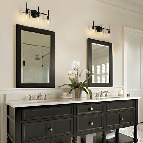 3-Light Gold Vanity Light With Seeded Glass Shades For Bathroom Over Mirror, illuminating a modern bathroom space.