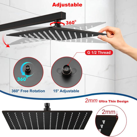 Adjustable 12 Inch Rain Shower Head Large Square Waterfall Showerhead With High Pressure Stainless Steel Finish