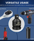 Six Piece Impact Socket Adapter Set For One Quarter, Three Eighths, One Half And Three Quarters Inch Drives With CR-V Steel shown with various tools