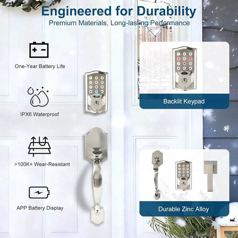 Smart Keypad Door Lock With Handle, Tuya WiFi App Control, Fingerprint And Code Entry, Keyless Deadbolt, Auto Lock, IPX6 Waterproof Front Door Lock For Home, Satin Nickel with backlit keypad and durable zinc alloy.