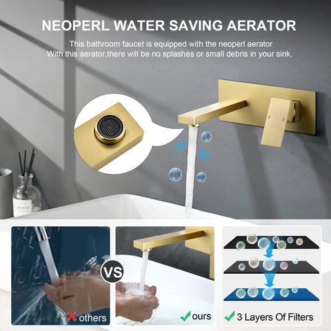 Wall Mounted Bathroom Faucet Solid Brass Construction With Single Handle Modern Style Wall Mount Sink Faucet Brushed Gold Finish