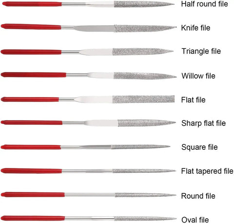 44 Piece Guitar Repair Tool Kit with Stainless Steel Setup Tools, showing 10 different steel files with red handles.